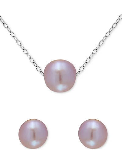 Two-Pc. Set Dyed Black Cultured Freshwater Pearl (8-10mm) Pendant Necklace & Stud Earrings in Sterling Silver (Also in White & Dyed Pink Cultured Fres