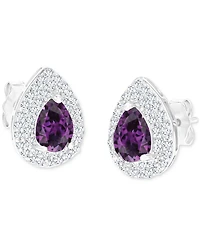 Amethyst (1-1/5 ct. t.w.) & Lab-Grown White Sapphire (1/2 Pear Halo Birthstone Stud Earrings Sterling Silver (Also Additional Birthsto