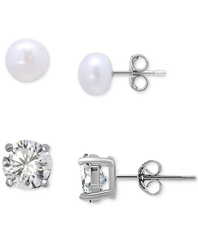Giani Bernini 2-Pc. Set Cultured Freshwater Pearl (7mm) & Cubic Zirconia Stud Earrings in Sterling Silver, Created for Macy's