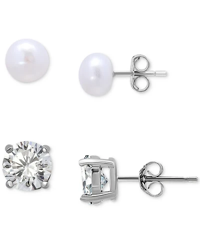 Giani Bernini 2-Pc. Set Cultured Freshwater Pearl (7mm) & Cubic Zirconia Stud Earrings in Sterling Silver, Created for Macy's