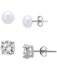 Giani Bernini 2-Pc. Set Cultured Freshwater Pearl (7mm) & Cubic Zirconia Stud Earrings in Sterling Silver, Created for Macy's