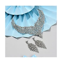 Sohi Women's Silver Leaf Bling Cluster Necklace And Earrings (Set Of 2