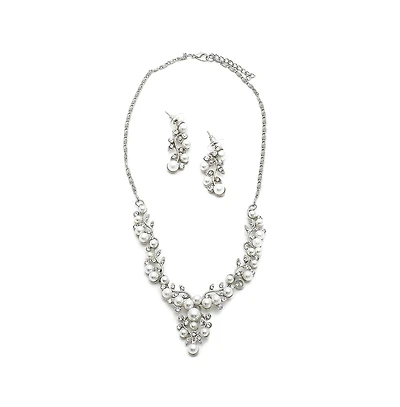 Sohi Women's White Pearl Cluster Necklace And Earrings (7-8 mm) (Set Of 2)