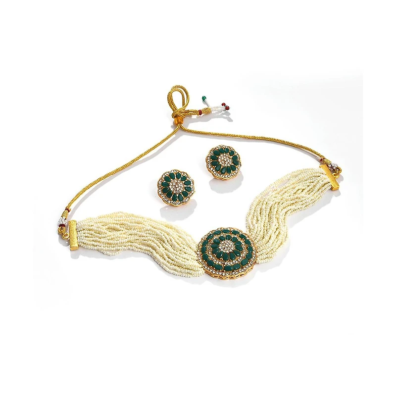 Sohi Women's Green Stone Beaded Necklace And Earrings (Set Of 2)