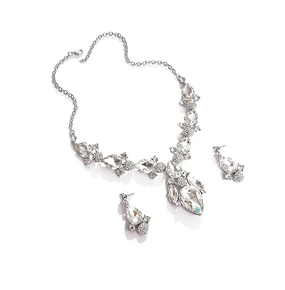 Sohi Women's Silver Stone Teardrop Necklace And Earrings (Set Of 2