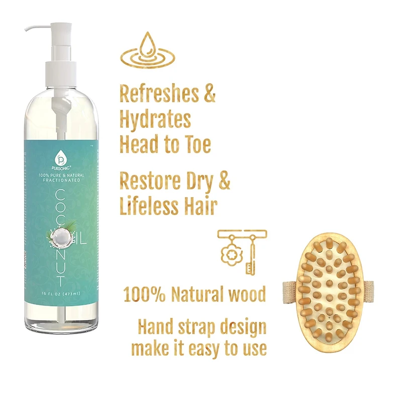 Pursonic Nourishing Beauty Bundle: Fractionated Coconut Oil (16 Oz) & Boar Bristle Bath Brush