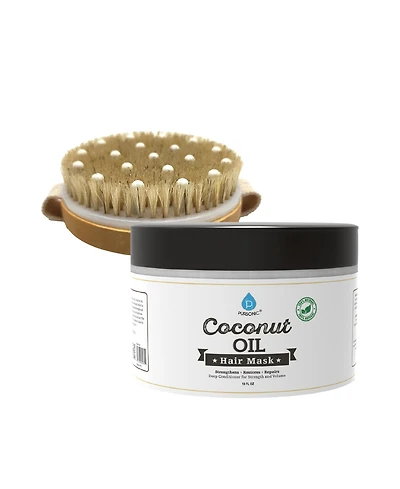 Pursonic Hair Care and Massage Bundle: Bath Brush and Rubber Massager with Lotus wooden handle + 100% Natural Coconut Oil Hair Mask 10 Oz