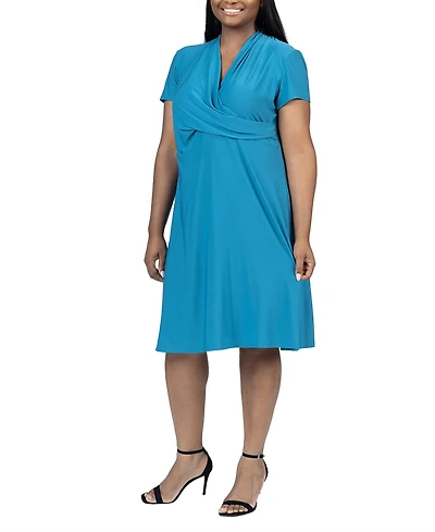 24seven Comfort Apparel Plus Size Short Sleeve Rouched Wrap Dress