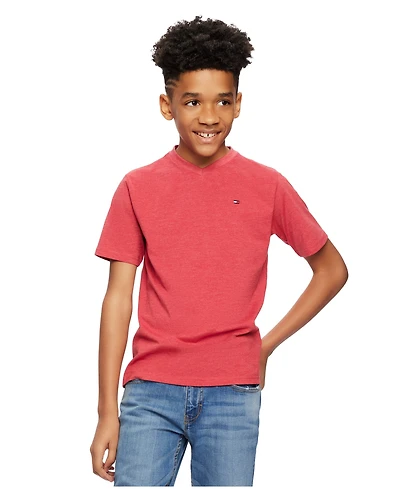 Tommy Hilfiger Big Boys' Solid Embroidered Logo V-Neck Tee