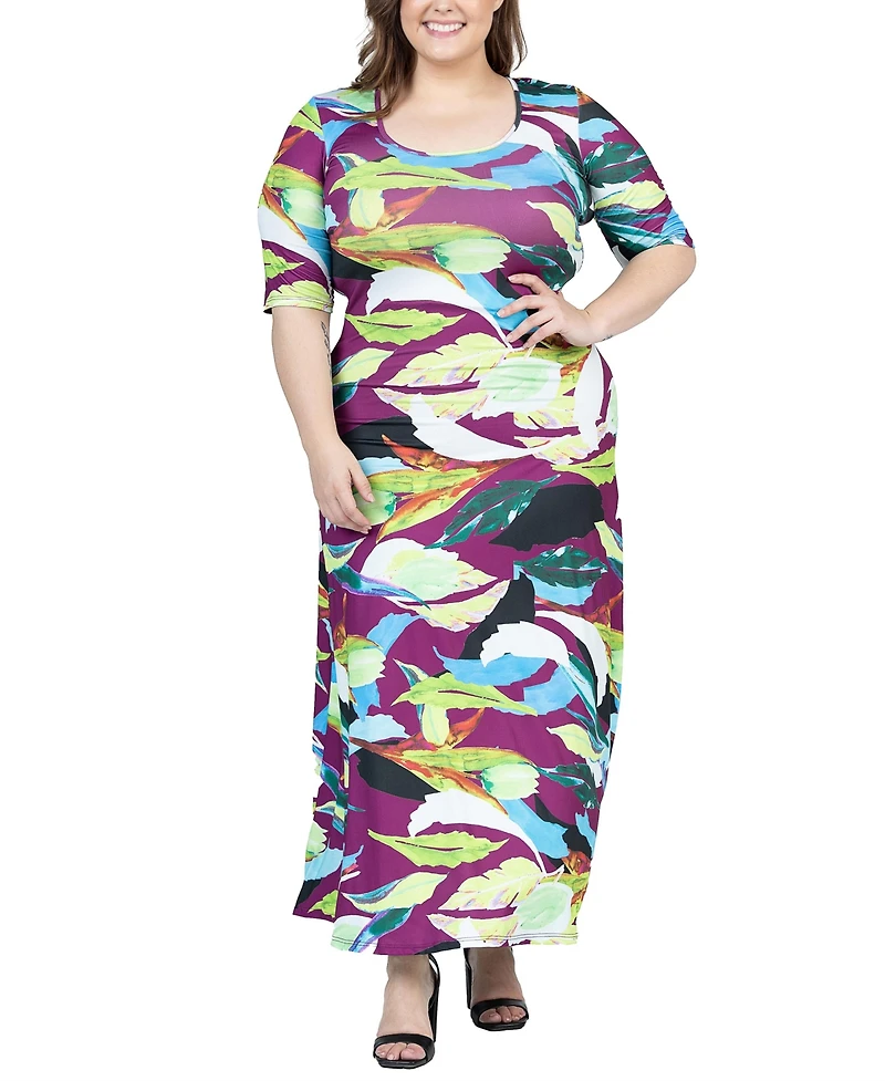 24seven Comfort Apparel Plus Size Elbow Sleeve Casual A Line Maxi Dress