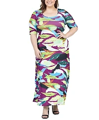 24seven Comfort Apparel Plus Size Elbow Sleeve Casual A Line Maxi Dress