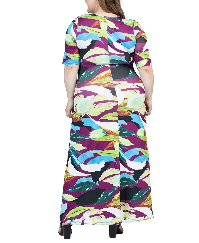 24seven Comfort Apparel Plus Size Elbow Sleeve Casual A Line Maxi Dress