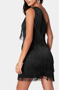 Bebe Women's Asymmetrical Tiered Fringe Dress