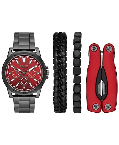 Folio Men's Three Hand Gunmetal Alloy Watch 46mm Gift Set
