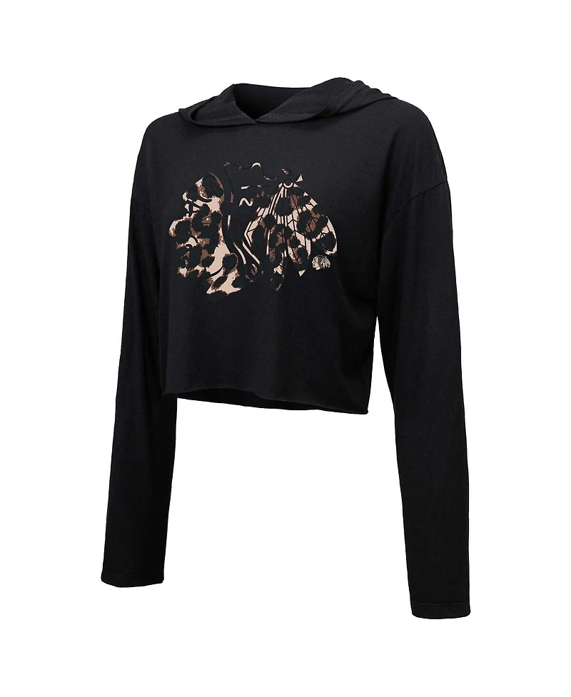 Women's Majestic Threads Connor Bedard Black Chicago Blackhawks Leopard Print Name and Number Cropped Pullover Hoodie