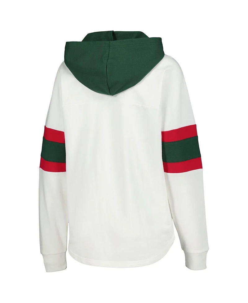 Women's G-iii 4Her by Carl Banks White, Green Minnesota Wild Goal Zone Long Sleeve Lace-Up Hoodie T-shirt