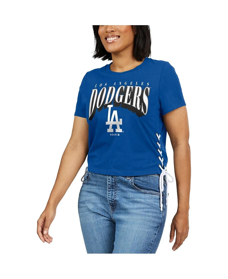 Women's Wear by Erin Andrews Royal Los Angeles Dodgers Side Lace-Up Cropped T-shirt