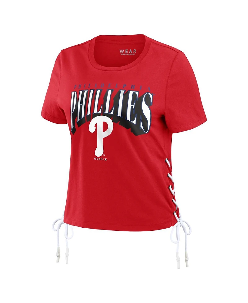 Women's Wear by Erin Andrews Red Philadelphia Phillies Side Lace-Up Cropped T-shirt