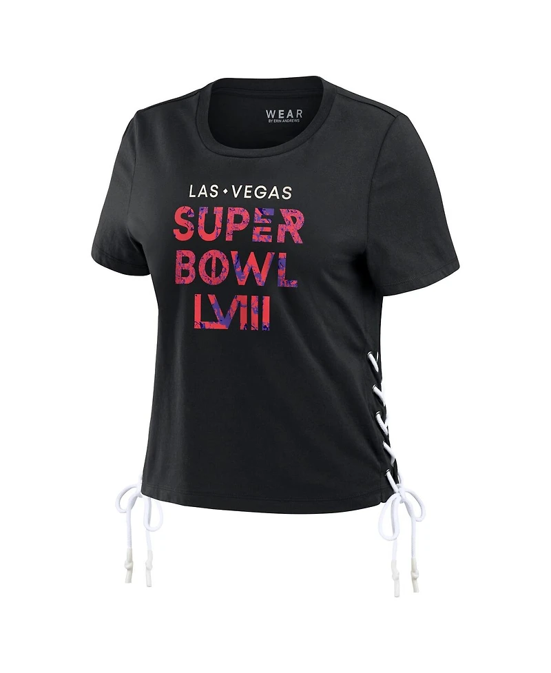 Women's Wear by Erin Andrews Black Super Bowl Lviii Cropped Lace-Up T-shirt
