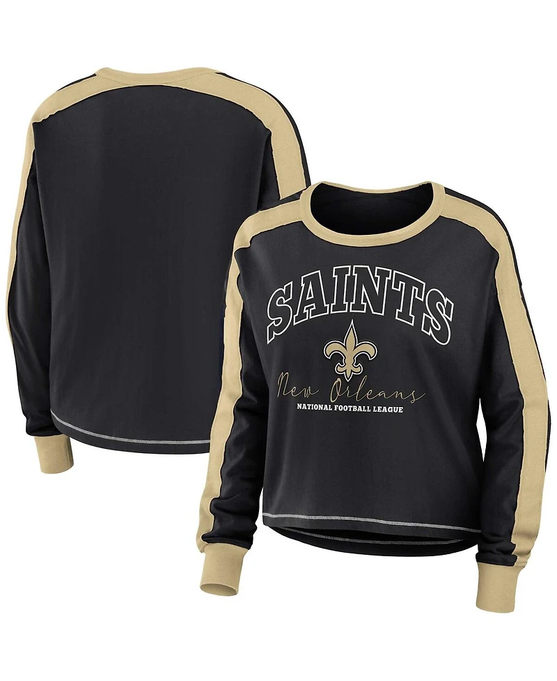 Women's Wear by Erin Andrews Black, Gold New Orleans Saints Color Block Modest Crop Long Sleeve T-shirt