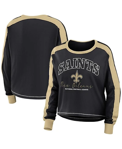 Women's Wear by Erin Andrews Black, Gold New Orleans Saints Color Block Modest Crop Long Sleeve T-shirt