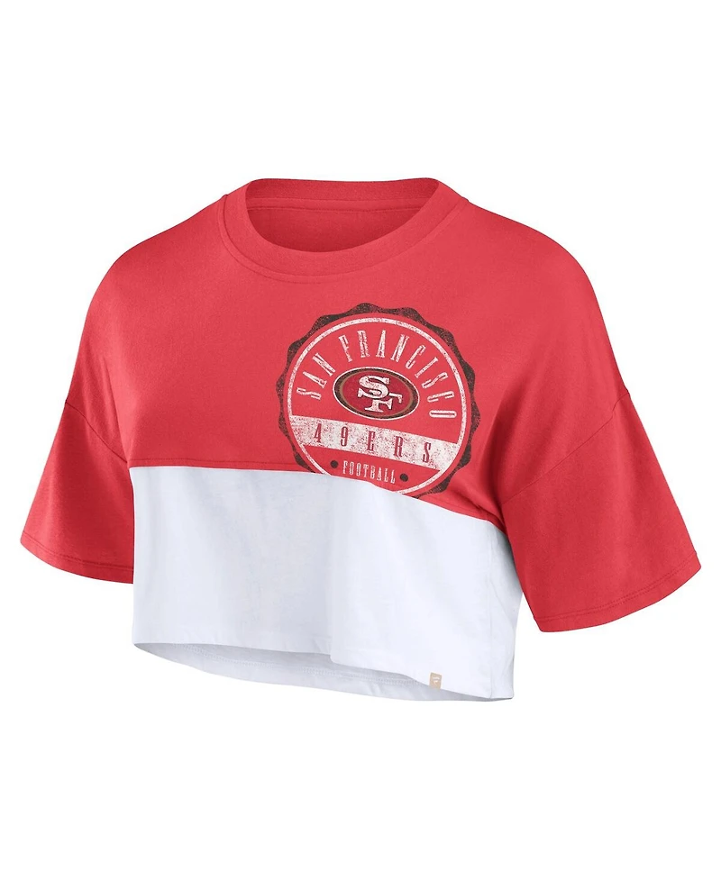 Women's Fanatics Scarlet, White San Francisco 49ers Boxy Color Split Cropped T-shirt