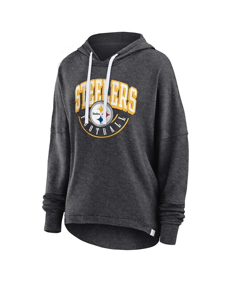 Women's Fanatics Charcoal Distressed Pittsburgh Steelers Lightewight Modest Crop Lounge Helmet Arch Pullover Hoodie