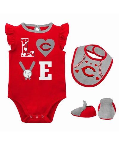 Baby Boys and Girls Red, Heather Gray Cincinnati Reds Three-Piece Love of Baseball Bib, Bodysuit Booties Set