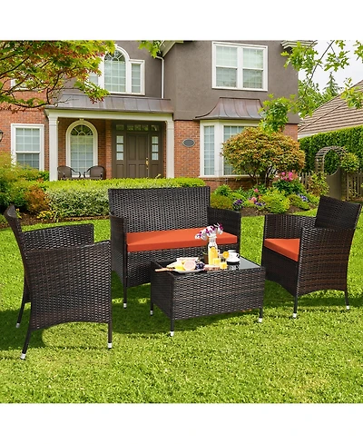 4PCS Rattan Patio Furniture Set Cushioned Sofa Chair Coffee Table