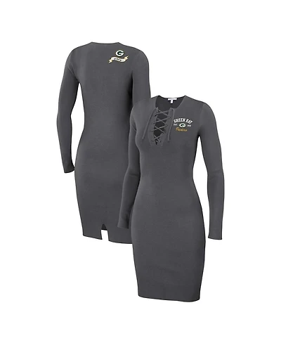 Women's Wear by Erin Andrews Charcoal Green Bay Packers Lace Up Long Sleeve Dress