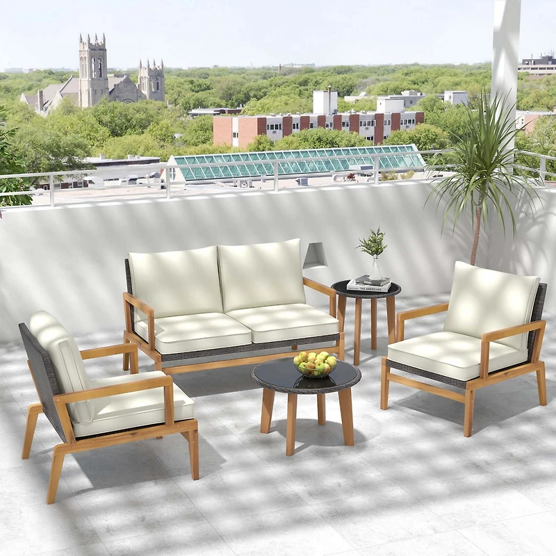 5 Piece Rattan Furniture Set Wicker Woven Sofa Set with Solid Acacia Wood Frame