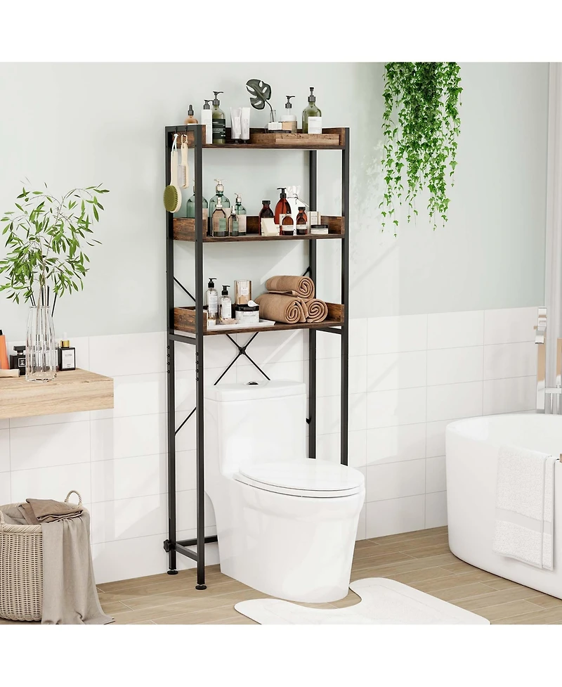 3-Tier Over-The-Toilet Bathroom Shelf Metal Frame Space Saver Rack with 4 Hooks