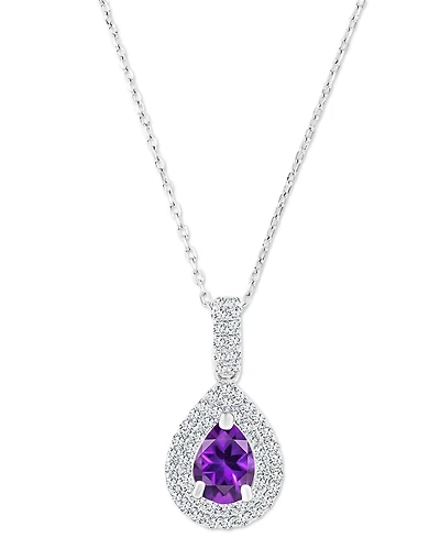 Amethyst (5/8 ct. t.w.) & Lab-Grown White Sapphire (1/2 Teardrop Halo Birthstone Pendant Necklace Sterling Silver, 16" + 2" extender (Als