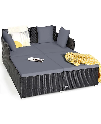 Outdoor Patio Rattan Daybed Pillows Cushioned Sofa Furniture