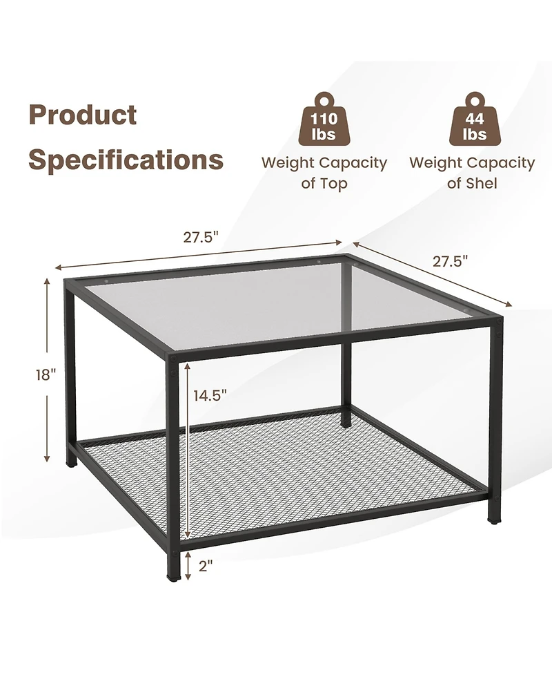 Glass Coffee Table 27.5 Inch 2-Tier Square with Mesh Shelf Living Room