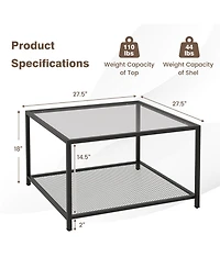 Glass Coffee Table 27.5 Inch 2-Tier Square with Mesh Shelf Living Room