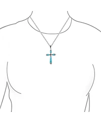 Bling Jewelry Western Style Spiritual Religious Blue Natural Turquoise Fleur De Lis Cross Pendant Necklace Oxidized Sterling Silver