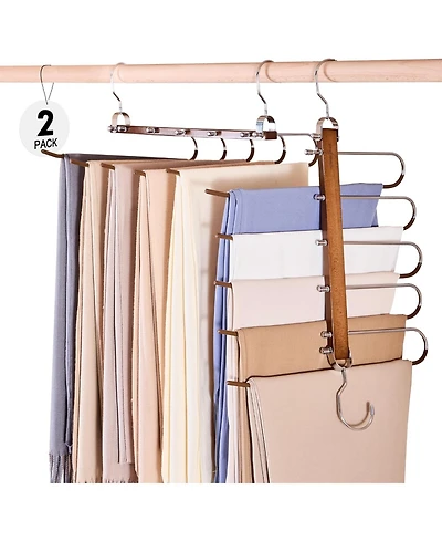Wood Space Saving Pants Organize Hangers Non Slip Multi Functional Pants Rack Walnut 2 Pack