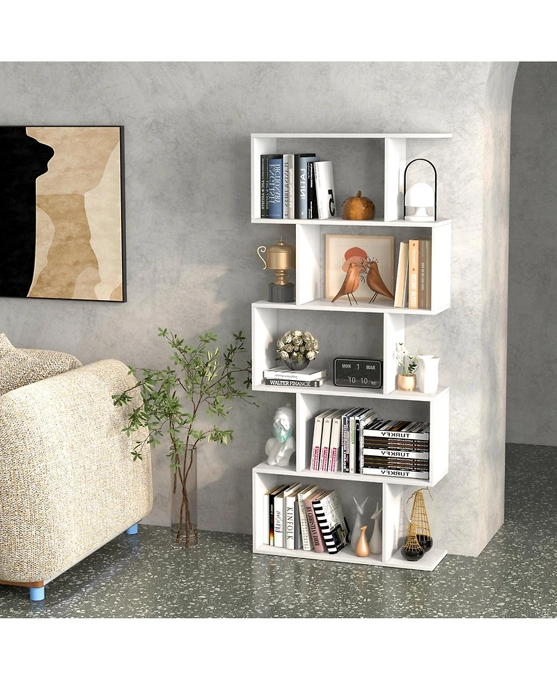 1 Pc 5-Tier Bookshelf Geometric S-Shaped Bookcase Room Divider Storage Display Shelf