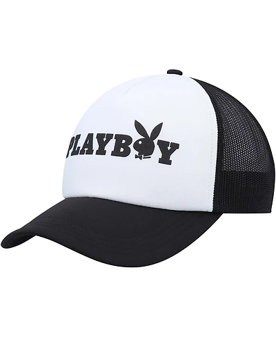 Men's Playboy White, Black Foam Trucker Snapback Hat