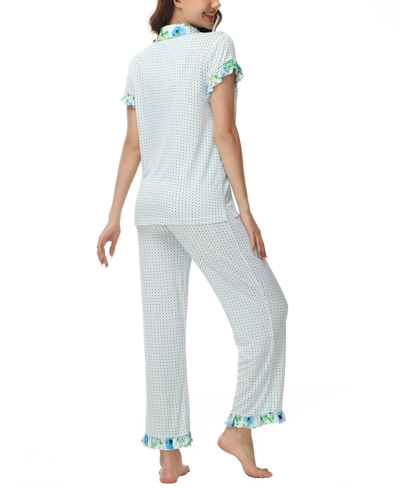 C. Wonder Women's Printed Notch Collar Short Sleeve with Ruffle and Pants 2 Pc. Pajama Set