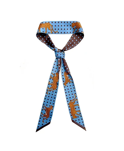 Jessie Zhao New York Silk Skinny Scarf Of Blue Leopards Garden