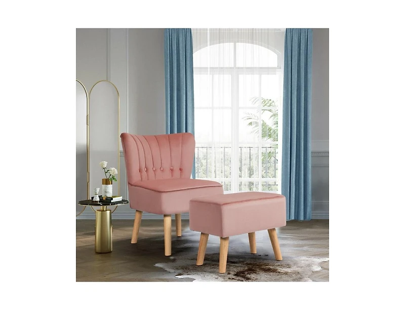 Modern Accent Chair Ottoman Set with Footstool-Pink