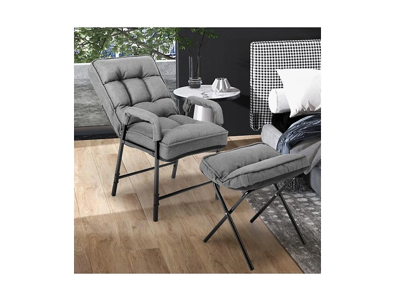 Linen Fabric Modern Accent Chair with Ottoman and Adjustable Backrest-Grey