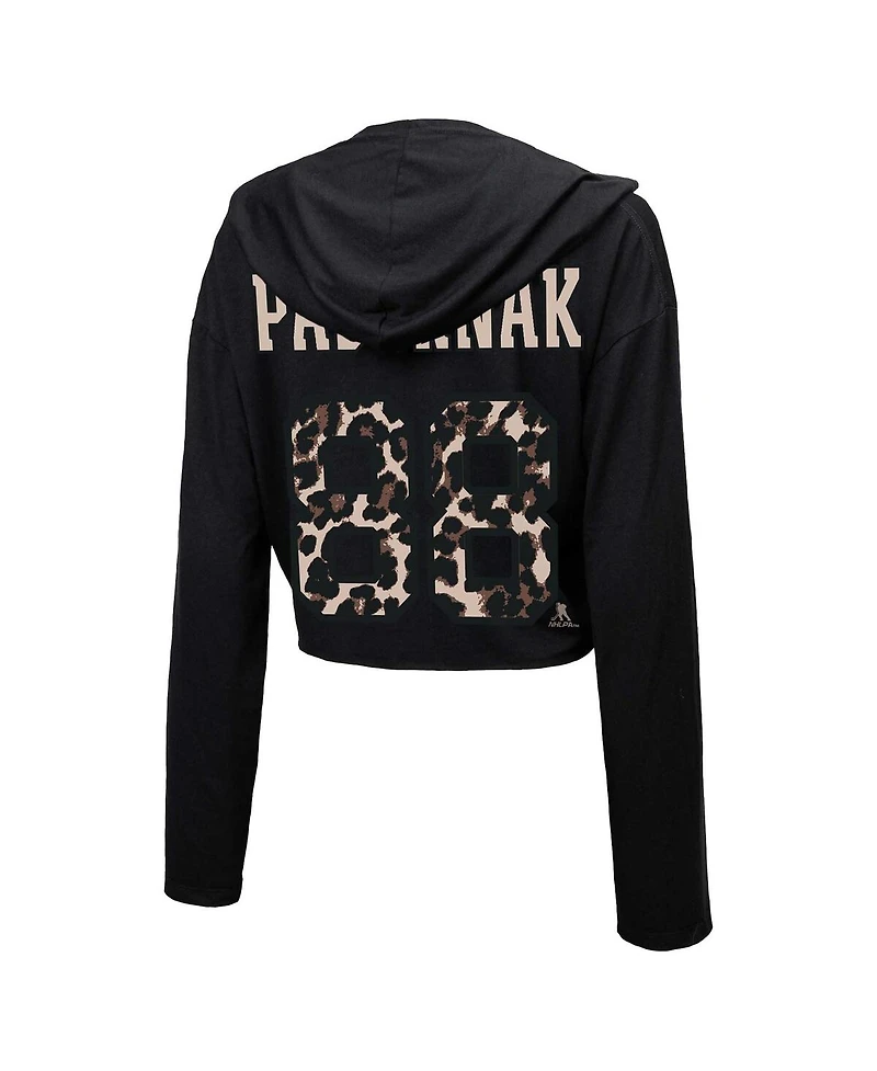 Women's Majestic Threads David Pastrnak Black Boston Bruins Leopard Print Name and Number Cropped Pullover Hoodie
