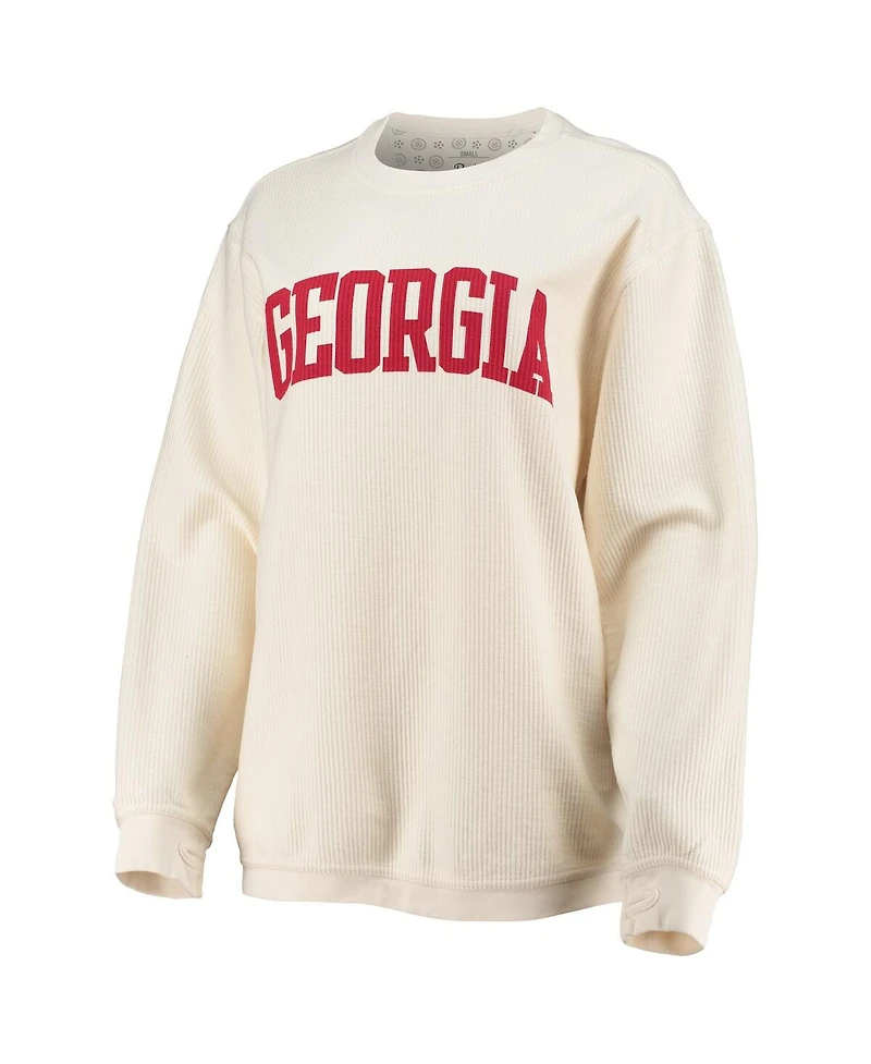 Women's Pressbox White Distressed Georgia Bulldogs Comfy Cord Vintage-Like Wash Basic Arch Pullover Sweatshirt