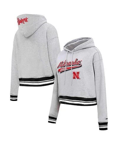 Women's Pro Standard Heather Gray Nebraska Huskers Script Tail Fleece Cropped Pullover Hoodie