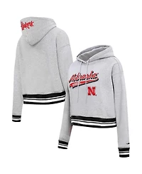 Women's Pro Standard Heather Gray Nebraska Huskers Script Tail Fleece Cropped Pullover Hoodie