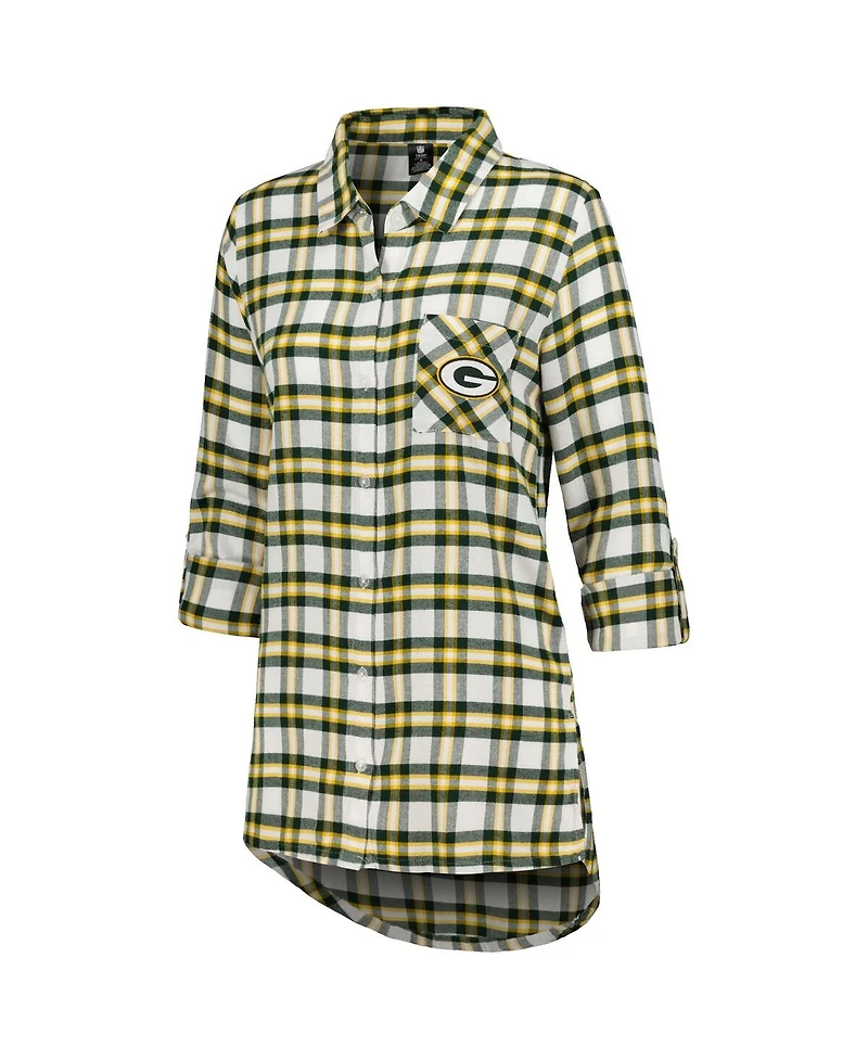 Women's Concepts Sport Green Bay Packers Sienna Plaid Full-Button Long Sleeve Nightshirt