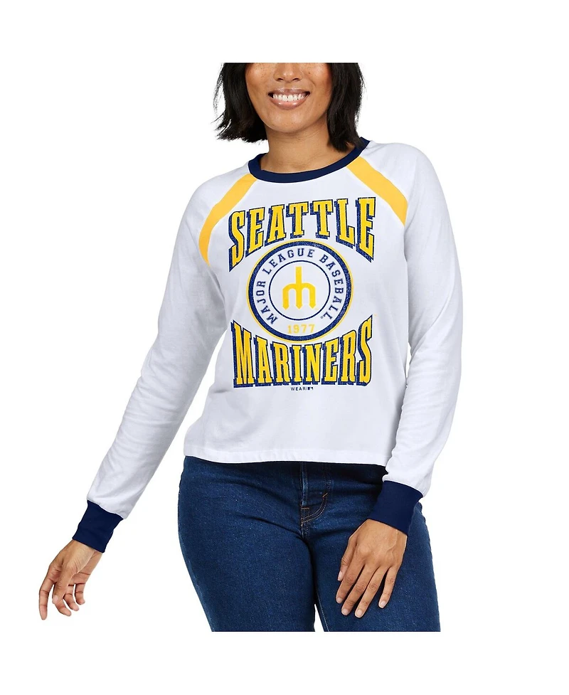 Women's Wear by Erin Andrews White Distressed Seattle Mariners Raglan Long Sleeve T-shirt